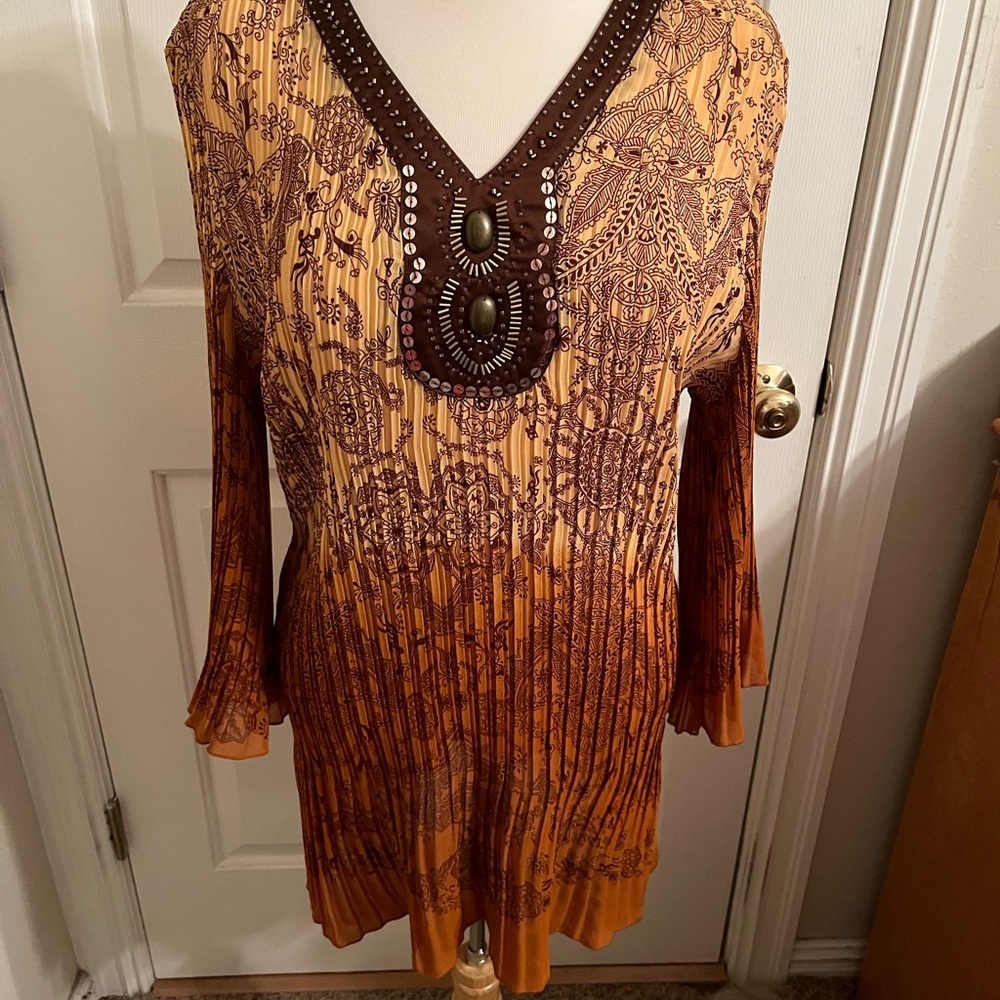 Ladies Cato 14W/16W Brown/Rust & Gold Polyester Pleated Tunic